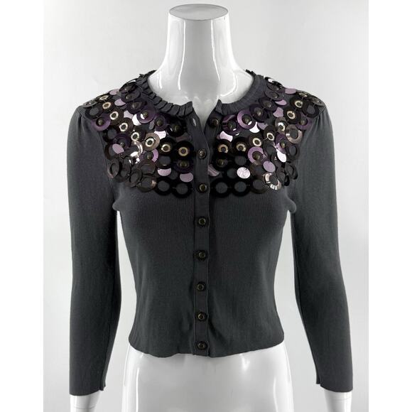 Nanette Lepore Cardigan Sweater Size Medium Gray Beaded Sequin Collar Womens - Picture 1 of 7